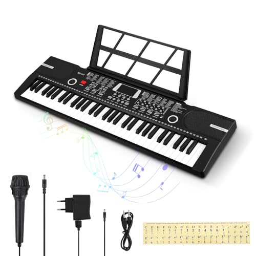 61 Tasten Kinder Keyboard mit Begleitautomatik, 100 Töne & Rhythmen, 10 Demo-Songs - Tragbares Elektro-Piano inkl. Mikrofon, Notenständer & Aufklebern für Anfänger Jungen Mädchen, Schwarz
