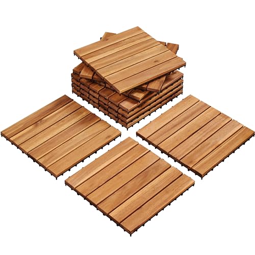 Yaheetech Holzfliesen Akazie 30x30 cm, 10er Set-0,96 m² Terrassenfliesen Balkonfliesen Klicksystem, Wetterfest Balkon Bodenbelag Gartenfliesen für Terrasse, Balkon & Garten, Holzfarbe