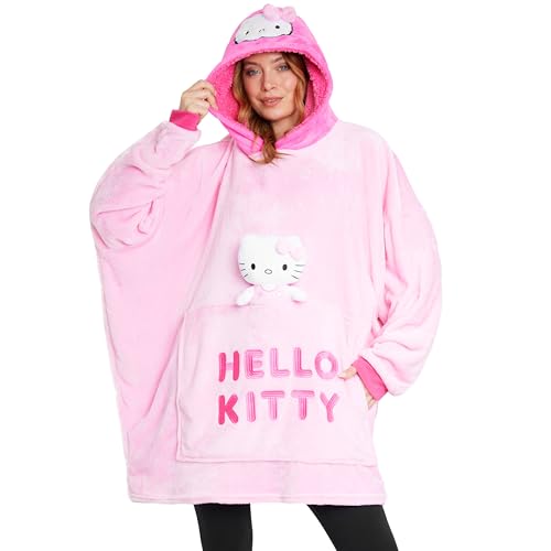 Hello Kitty Sanrio Kapuzenpullover Damen Teenager, Oversized Hoodie, Decke mit Ärmeln und Plüschbeilage Anime Geschenk (Rosa Hello Kitty)