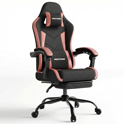 Nexthra Gaming Stuhl Ergonomisch mit Fußstütze, Gepolsterter Gamer Stuhl bis 180 kg, 150° Verstellbare Rückenlehne, Komfortabler Gamingstuhl Bürostuhl für Gaming und Büro, Rosa