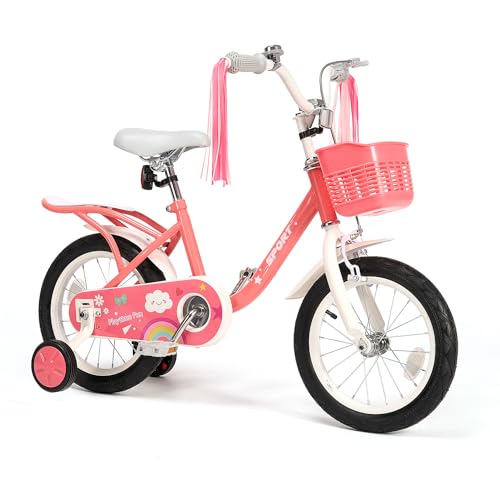 BODIOO 12 Zoll Kinderfahrrad Fahrrad für Mädchenmit und Jungen Stützrädern & verstellbarem Sattelfür Spielrad mit Korb & Klingel Fahrer von 84 bis 97 cm-Rosa