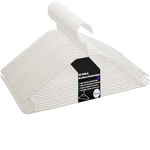 20er Set Kleiderbügel weiß Kunststoff – platzsparende Kleider Bügel mit drehbarem Haken, Anti-Rutsch-Rillen, Gürtel- & Krawattenhalter, Hosenstange – breit 41 cm 100% Recyclingmaterial Made in EU