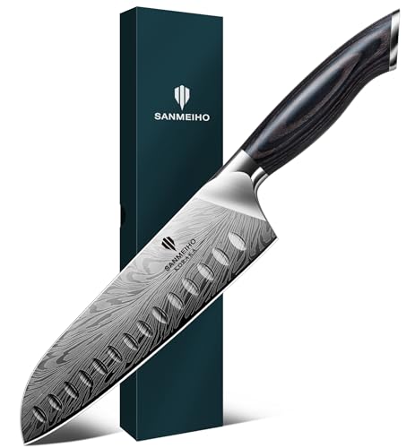 SANMEIHO Küchenmesser aus Pulverstahl, Japanisches Kochmesser Santokumesser, 18 cm Professionelle Chefmesser mit Hohem Kohlenstoffgehalt, Scharfes Küchenmesser mit Ergonomischem Pakkaholzgriff