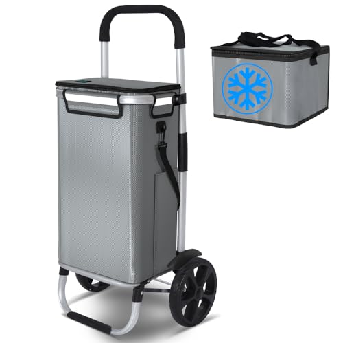 VOUNOT® Einkaufstrolley Klappbar aus Aluminium mit 58L Wasserdichter Tasche und Kühlfach, 2 Extra große Räder mit Schutzblech, Faltbarer Einkaufswagen, Treppensteiger Trolley, Grau