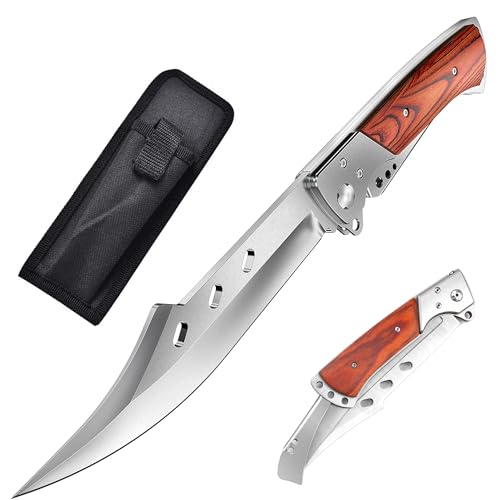 Taschenmesser mit Palisandergriff, Halb Klappmesser aus 440C-Stahl, Einzigartiges Langer Klinge Scharfes Jagdmesser Outdoor Messer für Camping-, Survival-, Wandern- und Geburtstagsgeschenk für Männer
