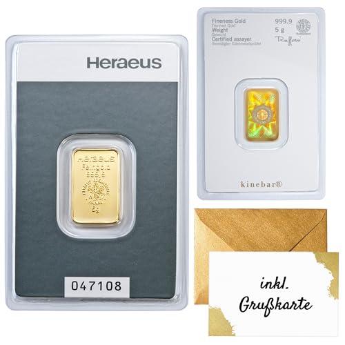 Gold zum Verschenken – Goldbarren 5g Heraeus Kinebar - inkl. Geschenkverpackung, Grußkarte und Echtheitsgarantie