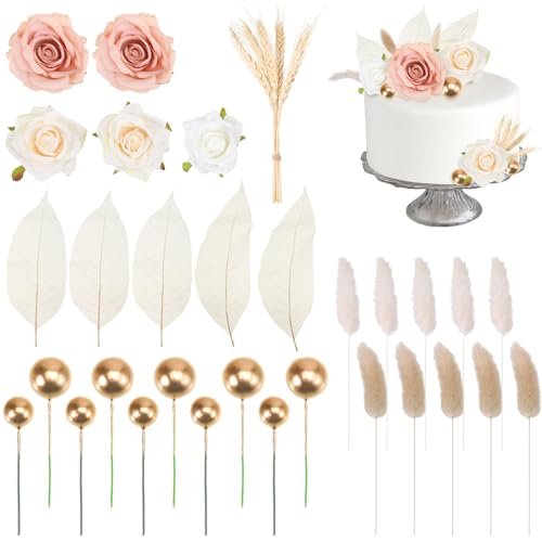 35 Stk Boho Kuchendekorationsset, Künstliche Rosenblüten, Magnolienblätter, Schweif Gras, Gerste, Getrocknete Blumenstrauß Bälle, Wiederverwendbare DekoTorte für Geburtstags, Hochzeitsfeiern