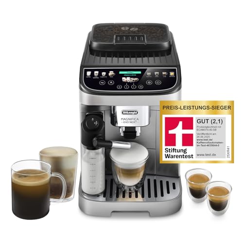 De’Longhi Magnifica Evo Next - Perfetto Kaffeevollautomat mit LatteCrema-Milchaufschäumer, 13 One-Touch-Getränke, Coffee- und Cappuccino Kaffeemaschine, farbiges Touch-Display, Silber (ECAM312.80.SB)