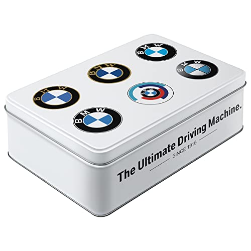 Nostalgic-Art Retro Vorratsdose Flach, 2,5 l, BMW – Logo Evolution – Geschenk-Idee für BMW Accessoires Fans, Original Lizenzprodukt (OLP), Blech-Dose mit Deckel, Werkstatt-Deko im Vintage Design