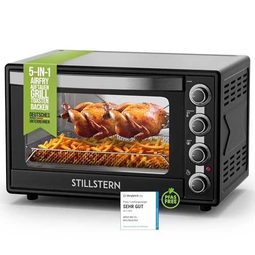 Stillstern Minibackofen mit Umluft 60L (DE Version) Pizza Ø40, CYCLONE PRO+ Antihaftbeschichtung, Auftauen, 2h Timer, Camping Mini Backofen Umluft Pizzaofen Mini Ofen klein Hähnchengrill mit Drehspieß
