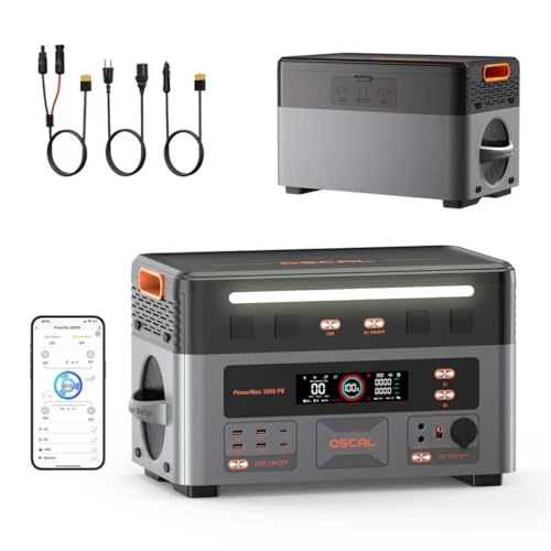 OSCAL 3600W (7200w Peak) Tragbare Powerstation, 2160Wh Solargenerator, LiFePO4 Akku, 0–80% in 45min, USV, 14 Ausgänge, APP, Portable Power Station für Camping, Wohnmobil, Notfälle, PowerMax 3600PE