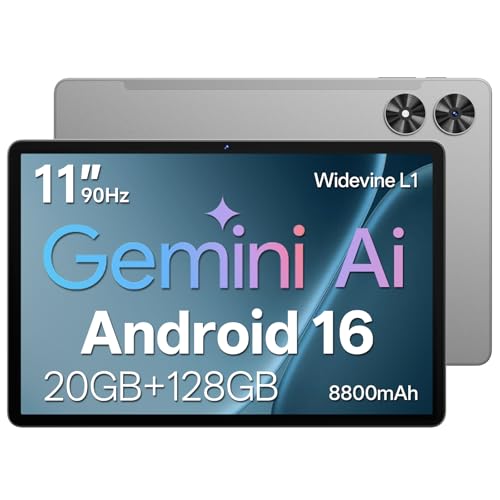 Tablet 11 Zoll mit Hülle, Android 16 System mit Gemini AI, 20GB RAM + 128GB ROM (erweiterbar auf 1TB), 90Hz Display, Unisoc T7250 Octa Core, 13MP + 8MP Kamera, Face ID, Widevine L1, 8800mAh, GPS