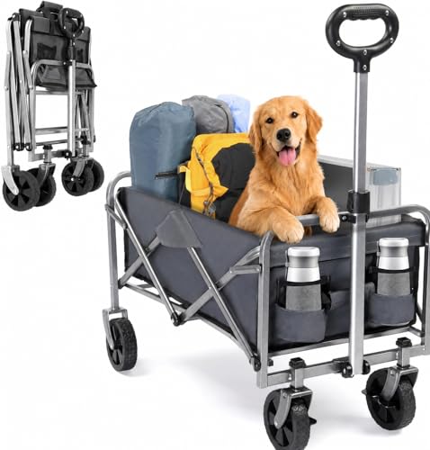 LEADZM Bollerwagen Faltbar, 600D Oxford-Stoff & Stahlrahmen, Handwagen 100 kg Tragkraft - für Camping, Einkäufe & Outdoor, Grau, 74,5 x 45 x 85 cm,