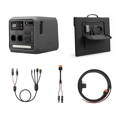 DJI Power 1000 Mini tragbare Powerstation, 1008-Wh-LFP-Akku, kompakte Größe, mit 1 x 200W faltbarem Solarpanel, 1 x DJI Power Autobatterie-Ladekabel und 1 x MC4-Solarpanel-Stromadapterkabel.