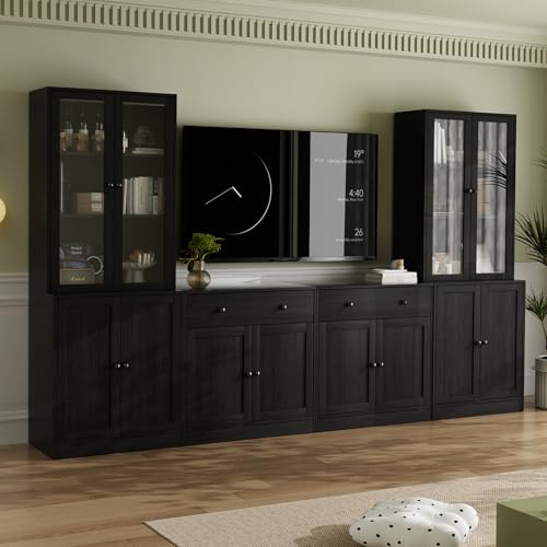 VOWNER 4PSC Großer TV-Schrank mit Bücherregalen für Fernseher bis zu 70 Zoll, 280 cm Long tv Ständer mit gehärteten Glastüren und Einlegeböden, fernsehschrank für Wohnzimmer, 2B+2C (Schwarz)