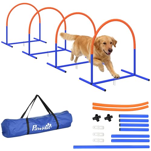 PawHut Hunde-Agility-Trainingsgeräte, Hund Agility Set, 4-teilges Agilityset für ältere Hunde, Hundetrainigsset mit Tragetasche, Blau+Orange, 88 x 64 x 95 cm