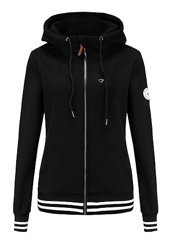 TrendiMax Damen Sweatjacke Kapuzenpullover Zip Hoodie Kapuzenjacke Winter Sweatshirt Jacke, Schwarz-Uni, XL