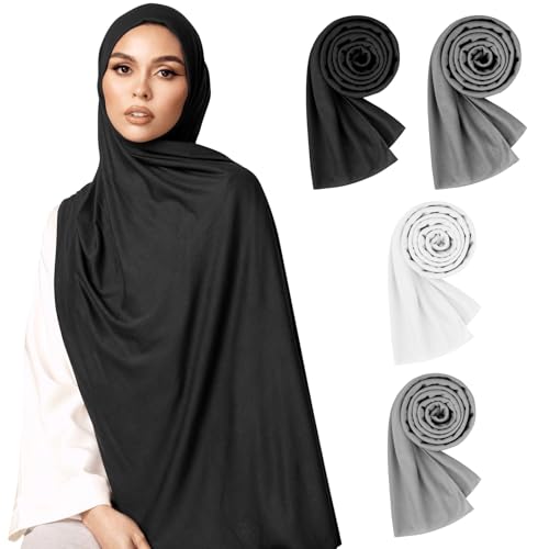 HQEUZ 4 Stück Hijab Kopftücher für Damen, Langer Schal, Leichte Muslimische Kopfbedeckung Jersey Stoff, Weiches Hijab Tuch, Modernes Kopftuch Set für Frauen (4 Farben-D)