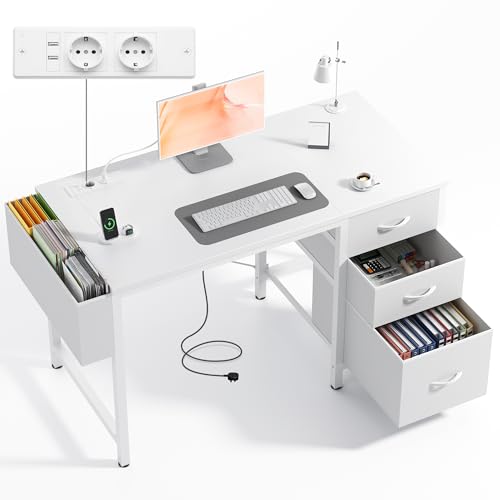 Claiks Kleiner Schreibtisch mit 3 Schubladen aus Stoff, 100x60 cm Computertisch mit 2 Steckdosen und USB-Anschlüssen, PC-Schreibtisch Bürotisch für Home Office,Weiß