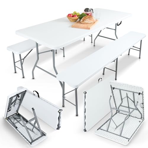 Arebos Bierzeltgarnitur 3-teilig Set Tisch + 2 x Bank | Festzeltgarnitur für drinnen - draußen | Biertisch Set | Zusammenklappbar & mit Tragegriff Campingtisch | Weiß