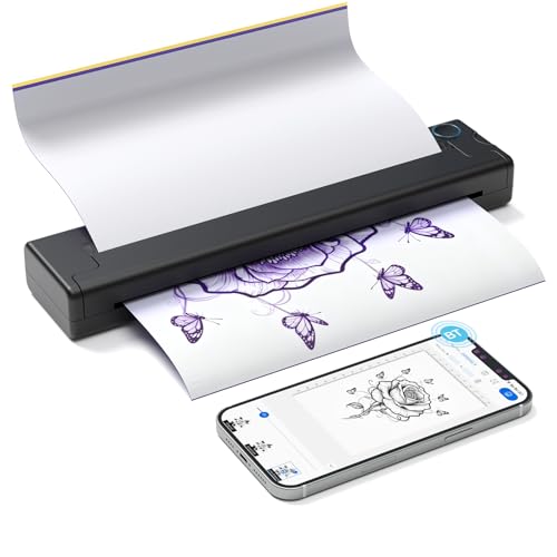 Bisofice A46 Tattoo Drucker Bluetooth Stencil Drucker mit 10pcs Transferpapier, Thermodrucker Tattoodrucker Kompatibel mit Smartphone, Android iOS Mac Windows