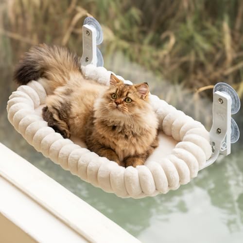 EDAGNY Katzen Fensterliege Hängematte Weich mit Abnehmbarem Wendebezug - Katzen Hängematte Fenster mit Stabiles Stahlgestell Halt bis 18kg, Creme M