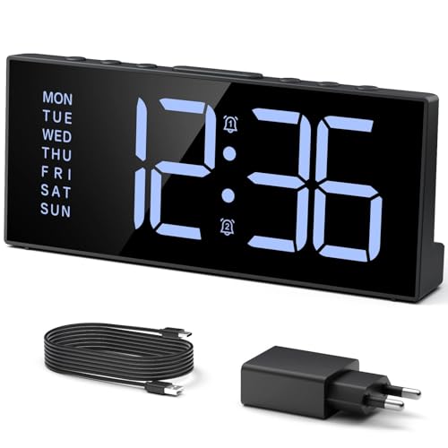 LATEC Wecker Digital, Digitalwecker mit 2 Alarme, Snooze, 3 Alarmzeiten, Digital Uhr mit 4 Helligkeitsstufen + AUS, 3 Lautstärkestufen, USB-Ladeanschluss, Netzbetrieben, Wecker Laut für Tiefschläfer