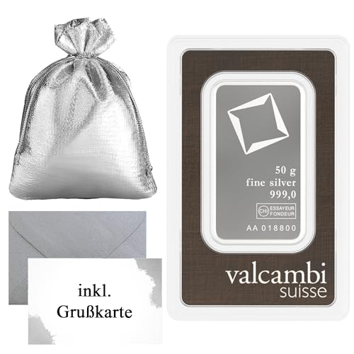 Silberbarren Valcambi Suisse 999 Feinsilber – im Originalblister – Silbergeschenk mit Geschenkbeutel & Grußkarte (50g Silberbarren)