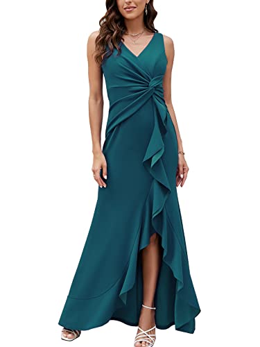 FQA Lange Schwarze Abendkleider für Frauen formelle Kleider für Frauen Abendparty Elegant V-Ausschnitt Ärmellos Split Wrap, Pfauenblau, Mittel