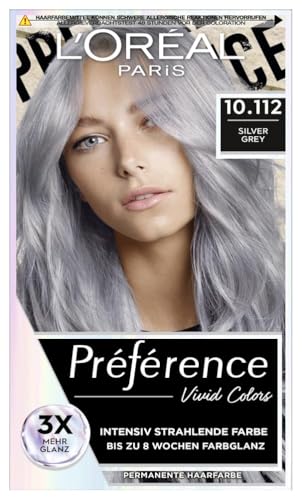 L'Oréal Paris Intensive dauerhafte Haarfarbe, Bis zu 8 Wochen glänzendes Haar und intensive Farbe, Préférence Vivid Colors, Farbe: 10.112 SILVER GREY, 1 Stück