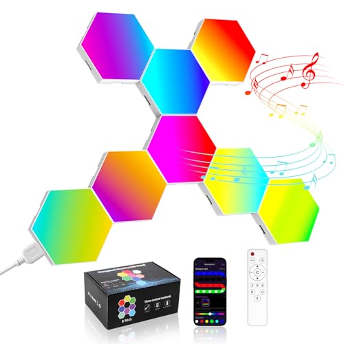 MeRGBW-Home 8 Pcs Hexagon LED Panels, Sechseck Gaming Deko LED Wandleuchte, Musik Sync, APP-Kontrolle, Fernbedienungen, Sechseck Waben Wall Lights Gaming Zubehör Hexa Lampe Smart Zuhause Wand Deko
