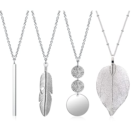 4 Stück Lange Anhänger Halsketten für Frauen,Mode Anhänger Halskette Schmuck Lange Pullover Halsketten Set Silber Bar Feder Kreis Blatt Schloss Quaste Y-Halskette Schmuck-Set Statement Halskette