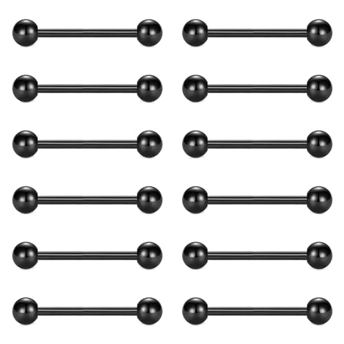 FECTAS 12-Stk Zunge Bars Nippel Bars Piercing Schmuck 14G 18mm Zunge Bar Piercing Edelstahl Schwarz