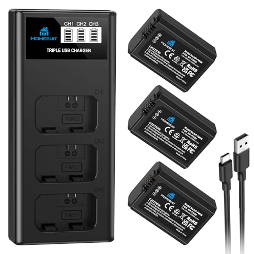 Homesuit NP-FW50 Akku 1300mAh & LCD Ladegerät Kit für Sony Alpha A6000 A6300 A6400 A6500 ZV-E10 7RM2 A7SM2 A7M2 A7II A7RII A7SII A55 A5000 A5100 A3000 RX10 II III IV NEX-3/5/6/7 NEX-F3 (3er-Pack)