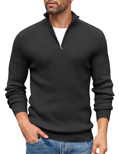 COOFANDY Herren Rollkragenpullover Half Zip Pullover Strickpulli Schwarz M