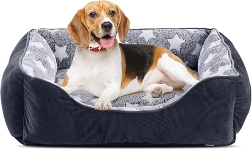 FURTIME Hundebett Mittelgroße Hunde Hundekorb Waschbar Hundekörbchen rutschfeste Hundebetten Flauschig Hundematratze mit Erhöhte Ränder Weiches Hundesofa für Hunde Katze M(63x53x20cm) Schwarz/Sterne