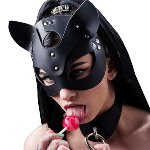 WUUDOA Halloween Katze Maske Damensexy PU Leder Catwoman Kopfmaske Bondage Fetisch SM