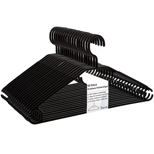 Kleiderbügel schwarz 50 Stück mit drehbaren Haken, Bügel Kunststoff, Kleiderbügel Plastik schwarz, Made in EU, Kleiderbügel Haken platzsparend, 100% Recyclingmaterial