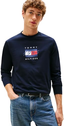 Tommy Hilfiger Herren Langarmshirts Linear Flag Graphic Regular Fit, Blau (Desert Sky), XL