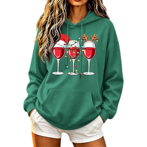 Weihnachten Kapuzenpullover Damen Weinglas Druck Hoodie Mit Kängurutasche