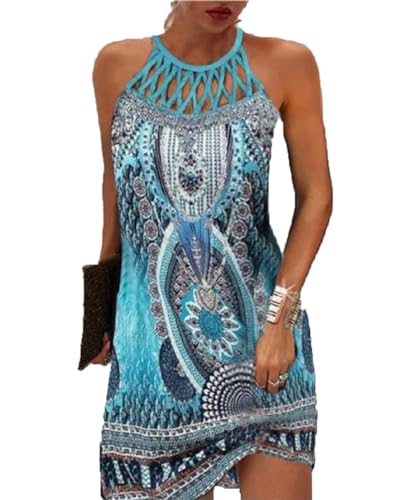 GRMLRPT Damen Ärmelloses Boho Sommerkleid Knielang Ethnischer Stil Elegant Bedruckt Mesh Retro Kleider Neckholder Freizeitkleid Damens Kleider Strandkleider(Blau-1,M)