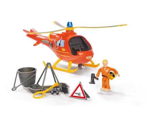 Simba 109252510 - Feuerwehrmann Sam Hubschrauber Wallaby mit Tom Figur, mit Originalsound, Blaulicht, Suchscheinwerfer, Seilwinde, 15cm, ab 3 Jahren