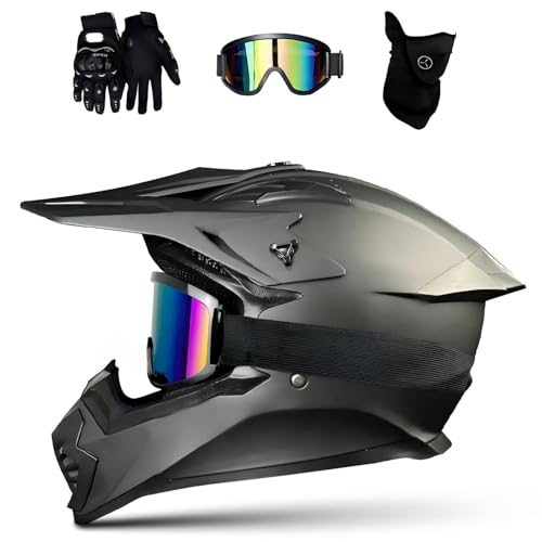DriveNova Motocross MTB Helm Fullface, Erwachsener Cross Helm mit Brille Maske Handschuhe, Motorrad Downhill Full Face Helm ATV Motorradhelm Inklusive 3 Größen Helmfutter (Schwarz)
