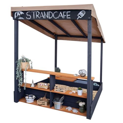 Meppi Sandkasten Travemünde anthrazit/Teak aus Holz mit Dach und Verkaufstheke - Sandkiste - Sandbox für Kinder