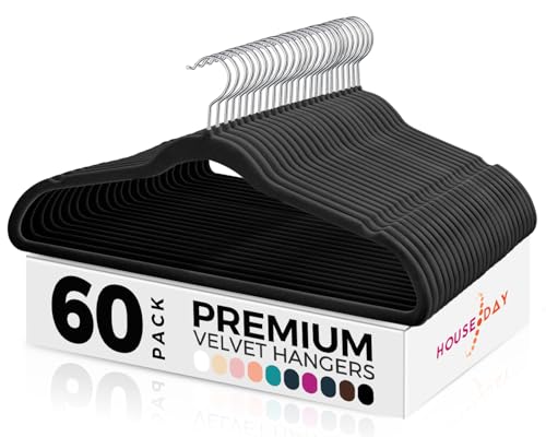 HOUSE DAY Kleiderbügel Samt 60 Stück, Kleiderbügel Platzsparend Filz Bügel - Rutschfester, Premium Schwarzer Anzugbügel, 360° Drehbarer Haken, Schwarz