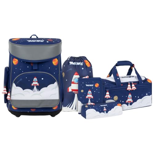 MUWO Kinder Schulranzen Set 5tlg. ergonomischer Leichter Schulrucksack mit Sporttasche, Turnbeutel, Federmappe, nur 920 Gramm (Weltraum Design)