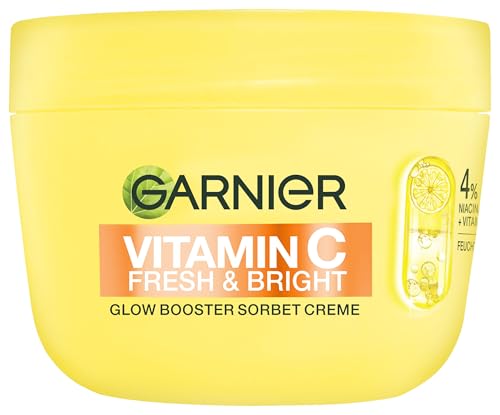 Garnier Vitamin C Fresh & Bright Glow Booster Sorbet Creme – Gesichtspflege mit 4% Niacinamid & Vitamin C für strahlenden Glow – Feuchtigkeitscreme gegen dunkle Flecken & Pigmentflecken – 85ml