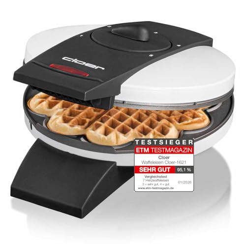 Cloer 1621 Waffeleisen für klassische Herzwaffeln, 930 W, Waffelgröße 15,5 cm, stufenlos wählbarer Bräunungsgrad, weiß, Metall
