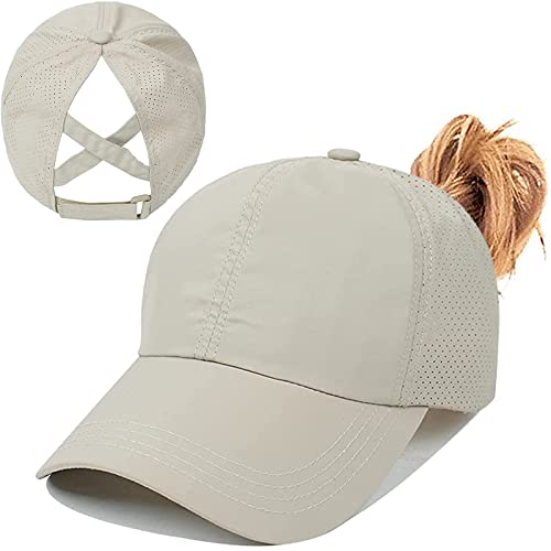 Baynetin Pferdeschwanz Baseballkappe Damen Sommer Einstellbare Schnell trocknende Masche Atmungsaktiv Baseballmütze Unisex Criss Cross Hüte Sport Mütze (Khaki)