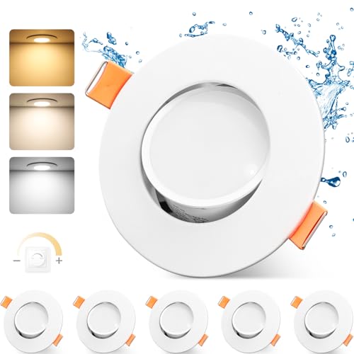 GeyouLux LED Einbaustrahler 230v Dimmbar 68-80mm 4.9W IP44 Ultra Flach LED Spots 3000K/4000K/6000K Deckenspots für Badezimmer Wohnzimmer 45°Schwenkbar Einbauleuchten Küche Spots Deckenleuchte 6er Set